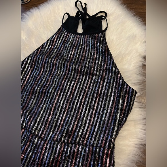 Anthropologie Black and Silver Striped Jumpsuit, Sequins, size 14. - Picture 6 of 16